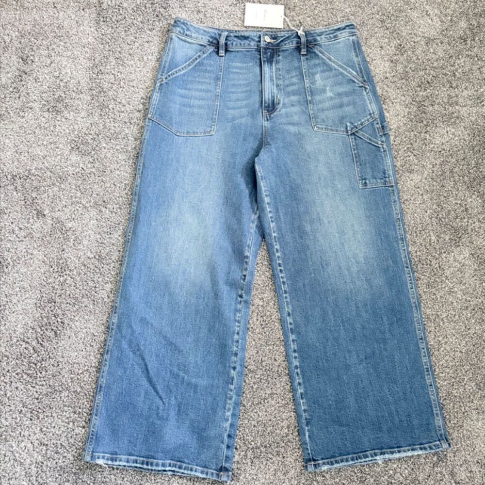 Kancan Wide Leg Cargo Jeans NWT Size 12 Medium Wash High Rise Utility Denim